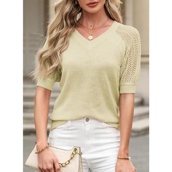 New Small Short Sleeve V Neck Tunic Sweater with Crocheted Sleeve Detail - Picture 1 of 3